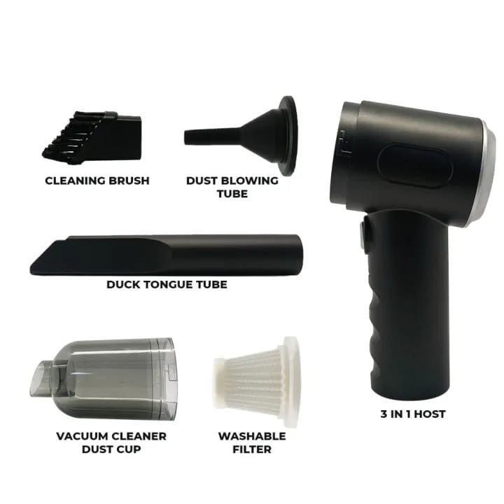 3 in 1 Portable Wireless Vacuum Cleaner β High Power Suction, Air Pump & Duster for Home, Car & Laptop